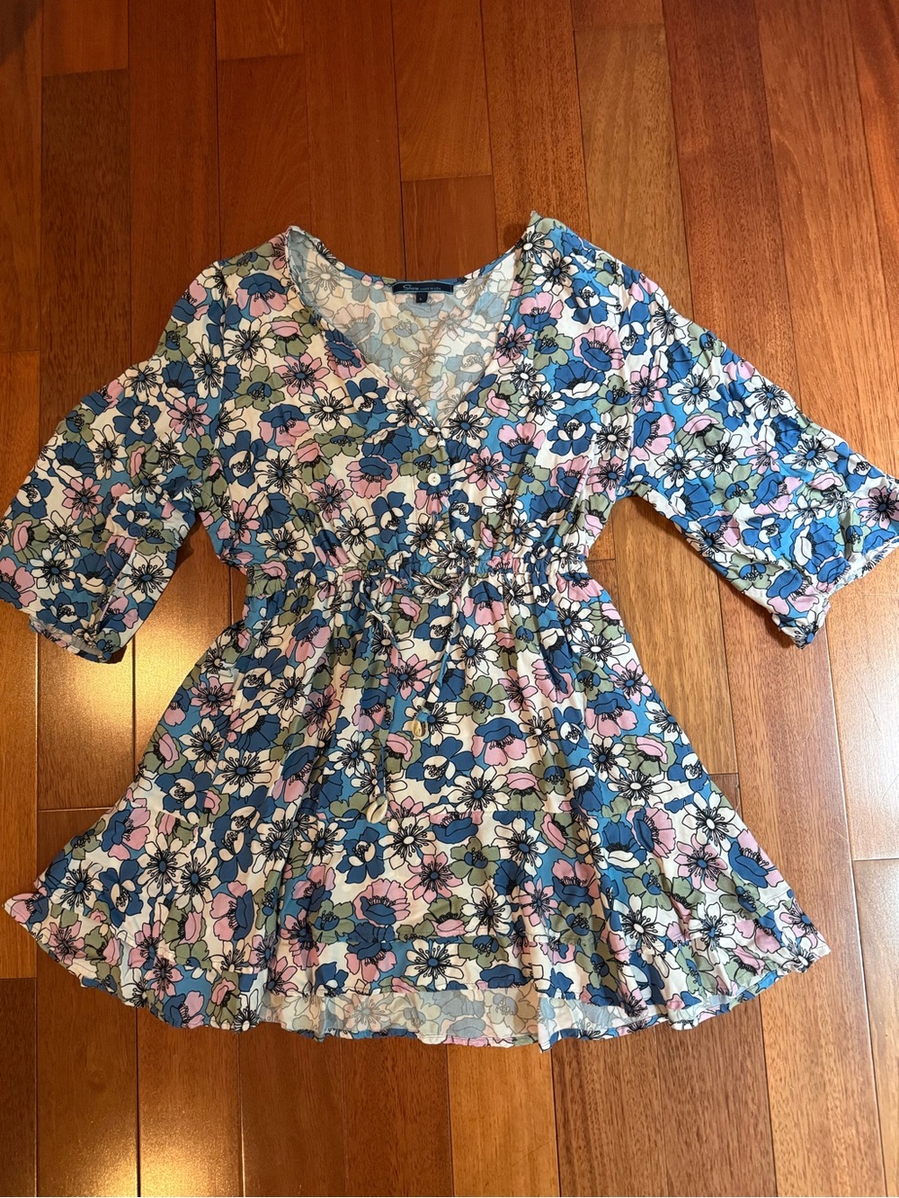 Shore Women's Floral V-Neck Dress in Blue, Pink & Green Size L